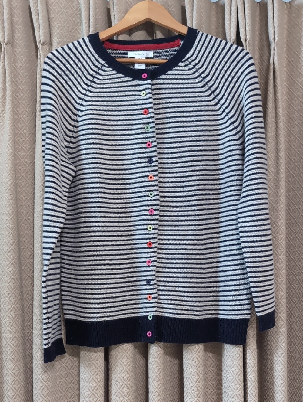 Women's Size XL Tabitha Webb Navy Blue &White Stripe Wool Blend Cardigan
